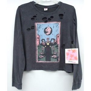 NWT Electric Pink womans long sleeve distressed t-shirt skeleton motorcycle Sz M